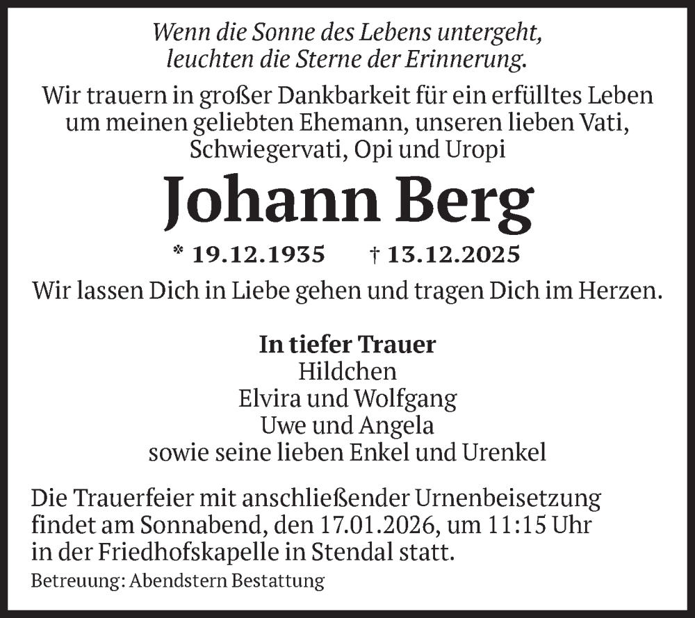  Traueranzeige für Johann Berg vom 10.01.2026 aus Volksstimme Altmark Ost