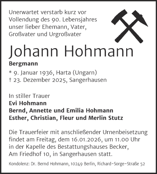 Traueranzeige von Johann Hohmann von Mitteldeutsche Zeitung Sangerhausen