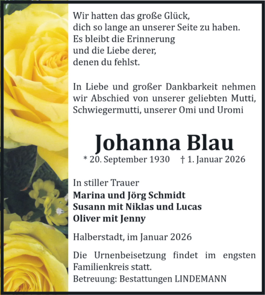  Traueranzeige für Johanna Blau vom 10.01.2026 aus Volksstimme Halberstadt