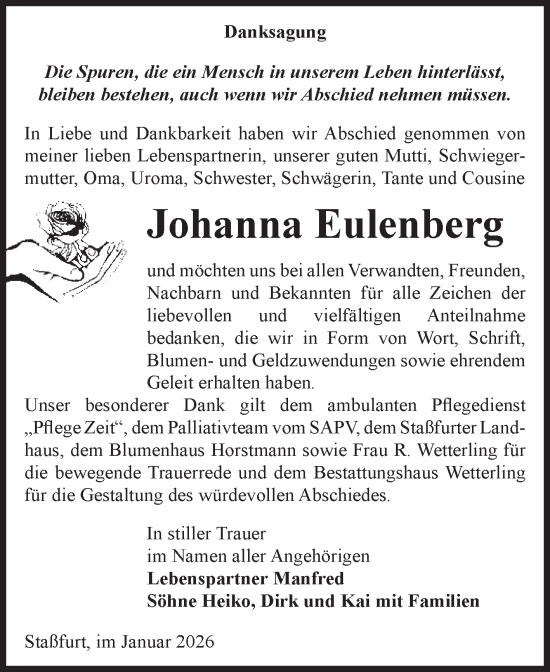 Traueranzeige von Johanna Eulenberg von Volksstimme Staßfurt