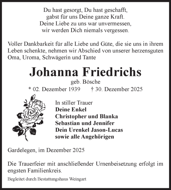 Traueranzeige von Johanna Friedrichs von Volksstimme Altmark West