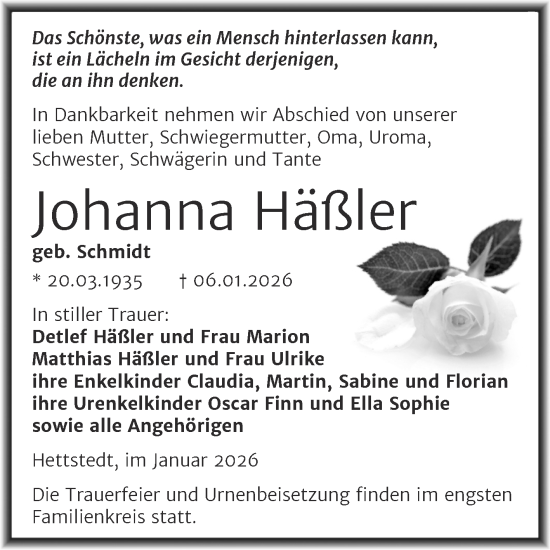 Traueranzeige von Johanna Häßler von Trauerkombi Mansfelder Land