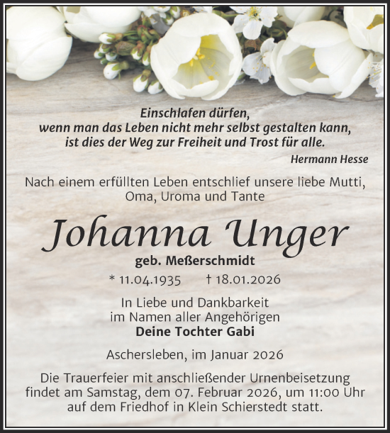 Traueranzeige von Johanna Unger von Trauerkombi Aschersleben