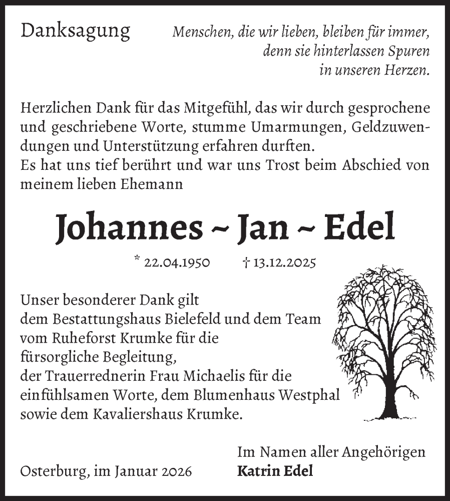  Traueranzeige für Johannes Edel vom 31.01.2026 aus Volksstimme Altmark Ost