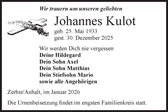 Traueranzeige von Johannes Kulot von Volksstimme Zerbst