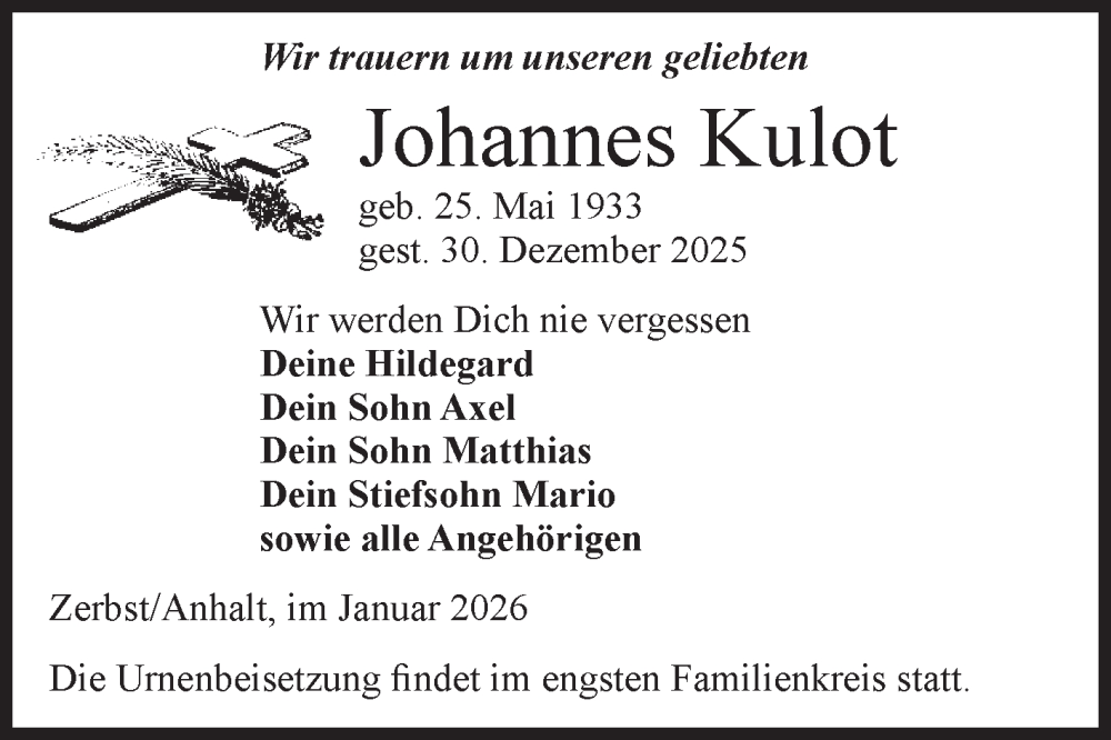  Traueranzeige für Johannes Kulot vom 17.01.2026 aus Volksstimme Zerbst