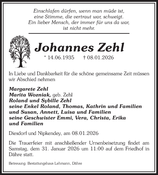 Traueranzeige von Johannes Zehl von Volksstimme Altmark West