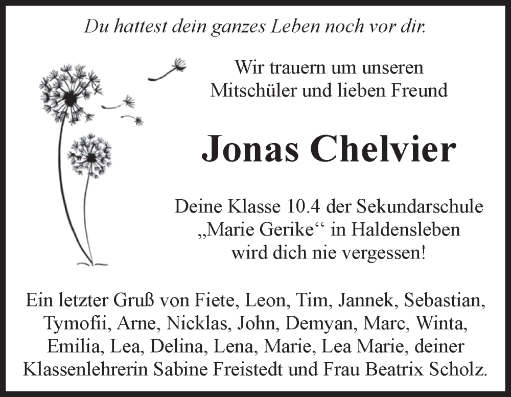  Traueranzeige für Jonas Chelvier vom 24.01.2026 aus Volksstimme Haldensleben/Wolmirstedt