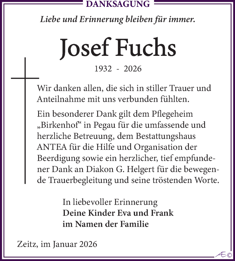  Traueranzeige für Josef Fuchs vom 24.01.2026 aus Trauerkombi Zeitz