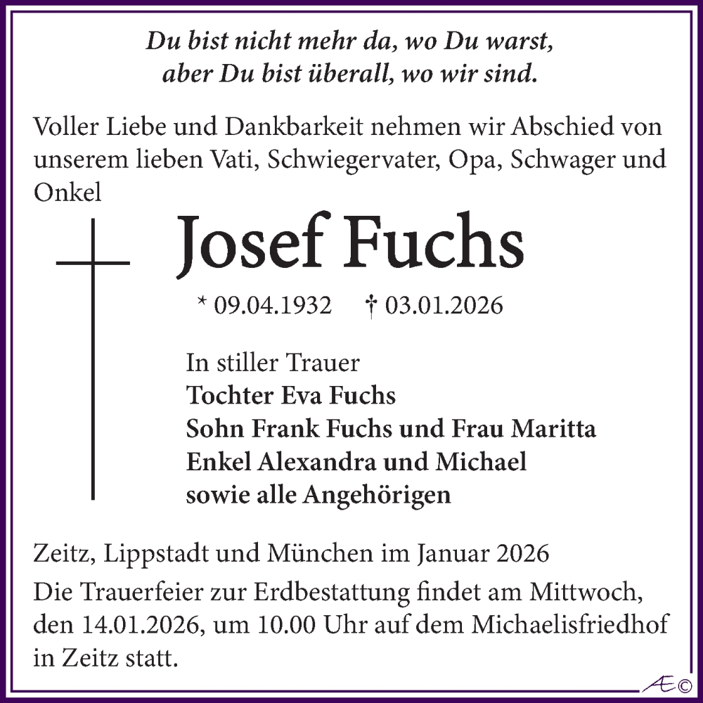  Traueranzeige für Josef Fuchs vom 10.01.2026 aus Trauerkombi Zeitz