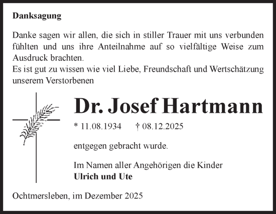 Traueranzeige von Josef Hartmann von Volksstimme Magdeburg