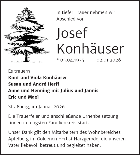 Traueranzeige von Josef Konhäuser von Trauerkombi Quedlinburg