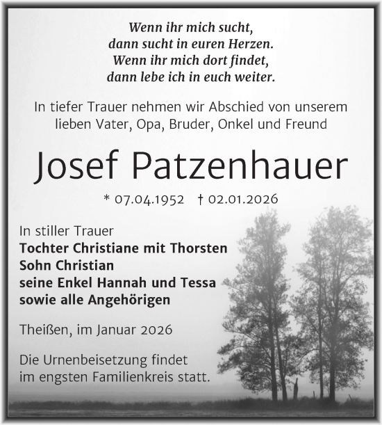 Traueranzeige von Josef Patzenhauer von Trauerkombi Zeitz