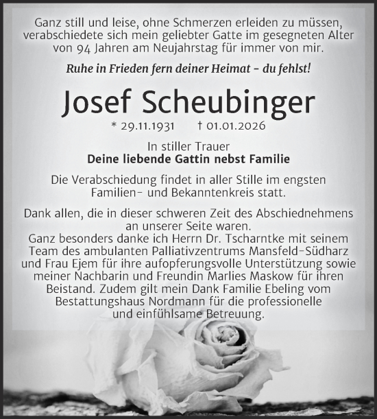 Traueranzeige von Josef Scheubinger von Trauerkombi Mansfelder Land