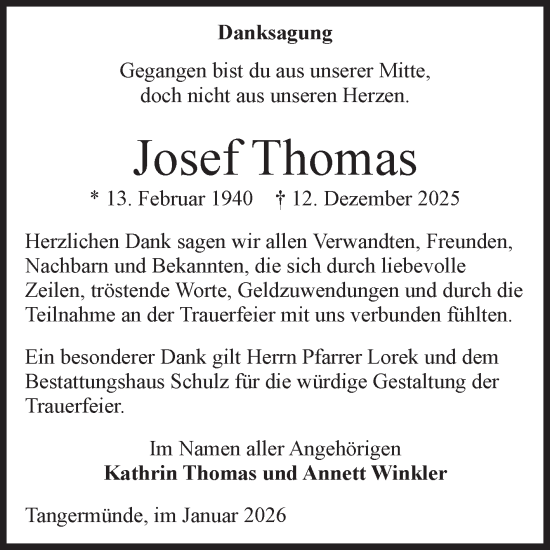 Traueranzeige von Josef Thomas von Volksstimme Altmark Ost