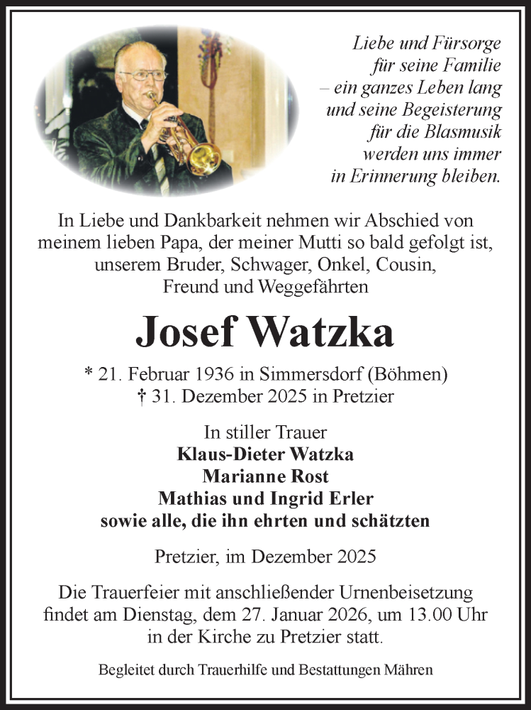  Traueranzeige für Josef Watzka vom 10.01.2026 aus Volksstimme Altmark Ost