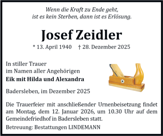 Traueranzeige von Josef Zeidler von Volksstimme Halberstadt