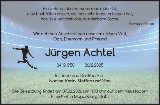 Traueranzeige von Jürgen Achtel von Volksstimme Magdeburg