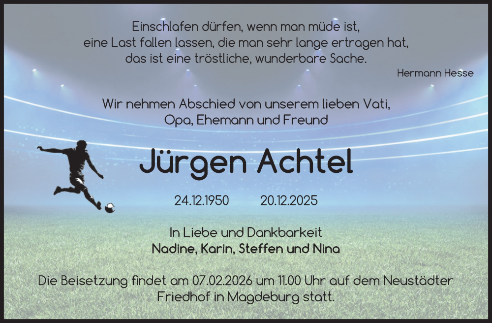  Traueranzeige für Jürgen Achtel vom 10.01.2026 aus Volksstimme Magdeburg