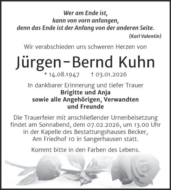 Traueranzeige von Jürgen-Bernd Kuhn von Trauerkombi Sangerhausen