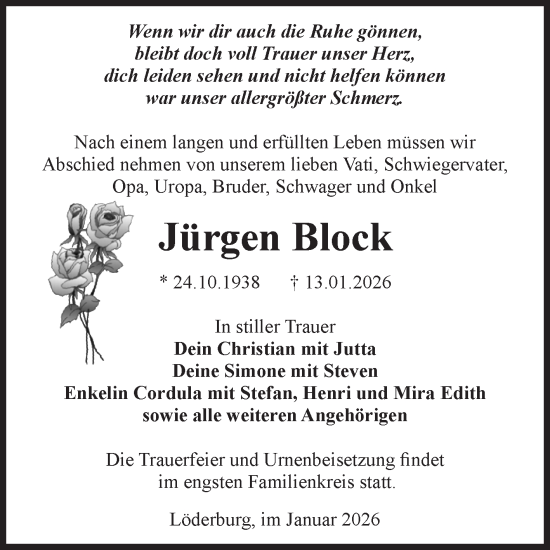 Traueranzeige von Jürgen Block von Volksstimme Staßfurt