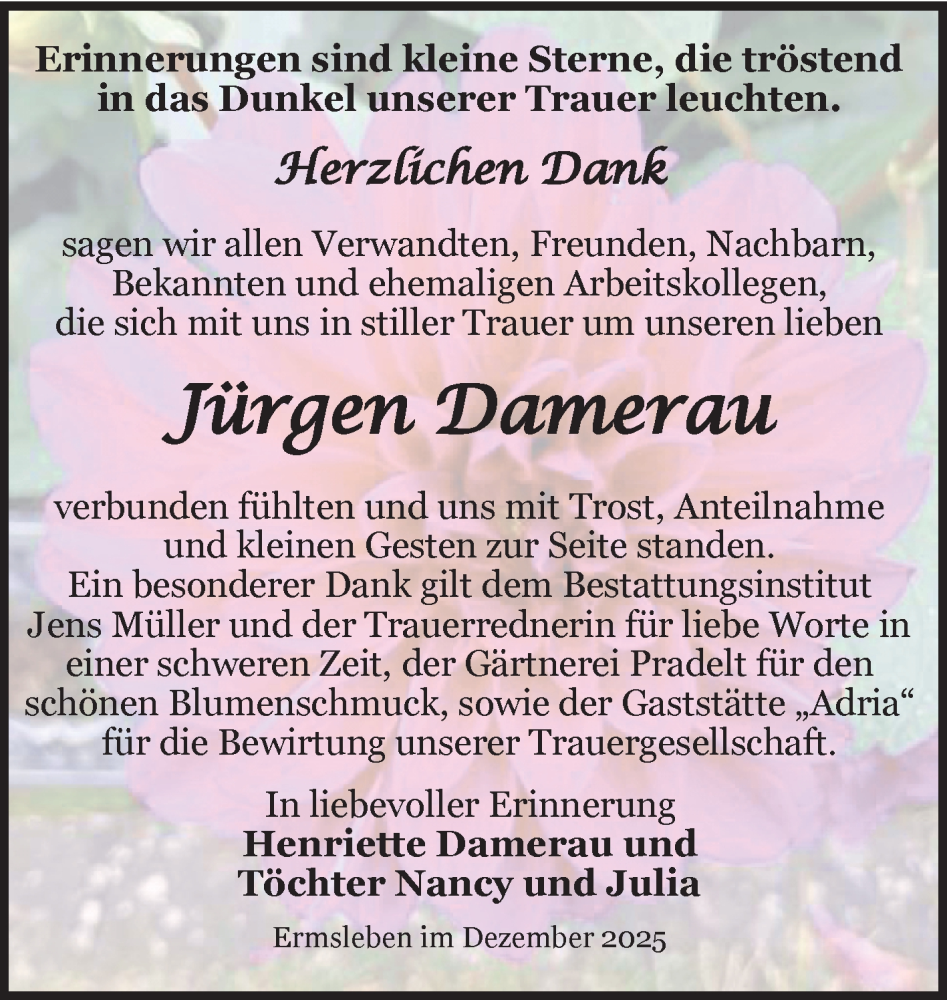  Traueranzeige für Jürgen Damerau vom 03.01.2026 aus Trauerkombi Aschersleben