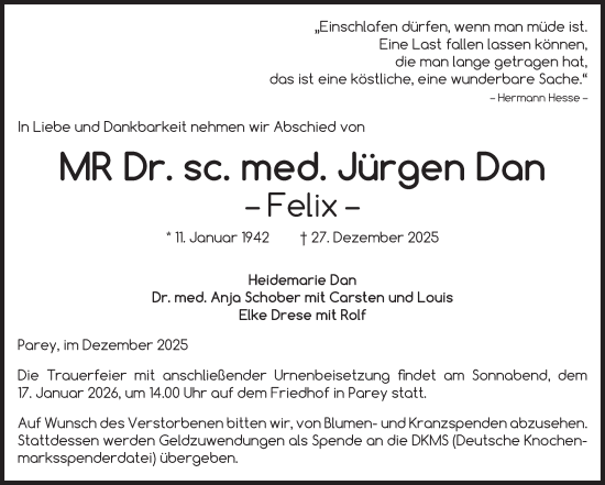 Traueranzeige von Jürgen Dan von Volksstimme Burg/Genthin