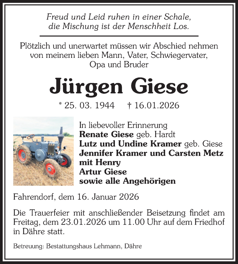  Traueranzeige für Jürgen Giese vom 22.01.2026 aus Volksstimme Altmark West