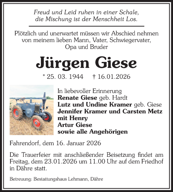 Traueranzeige von Jürgen Giese von Volksstimme Altmark West