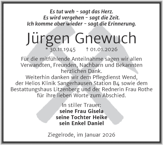 Traueranzeige von Jürgen Gnewuch von Trauerkombi Mansfelder Land