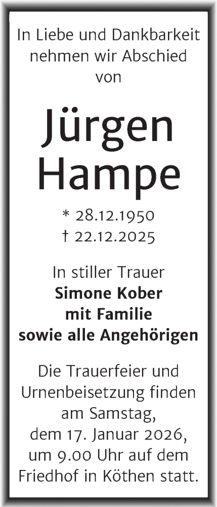 Traueranzeige von Jürgen Hampe von Trauerkombi Köthen