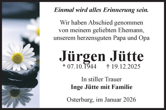 Traueranzeige von Jürgen Jütte von Volksstimme Altmark Ost