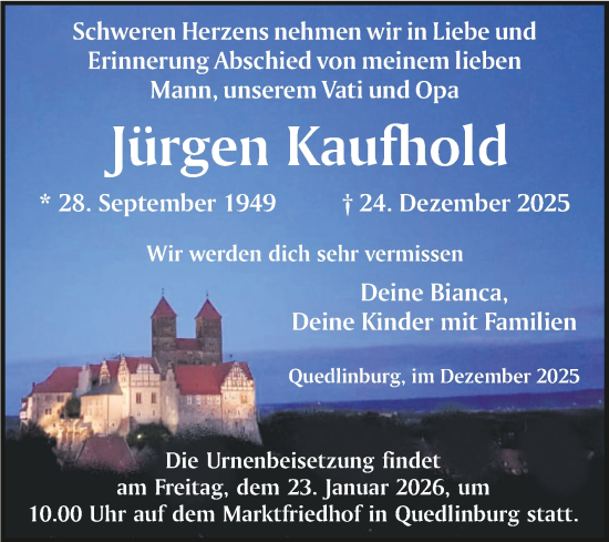 Traueranzeige von Jürgen Kaufhold von Trauerkombi Quedlinburg
