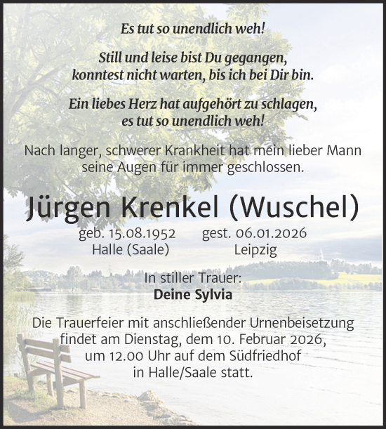 Traueranzeige von Jürgen Krenkel von Mitteldeutsche Zeitung Halle/Saalkreis