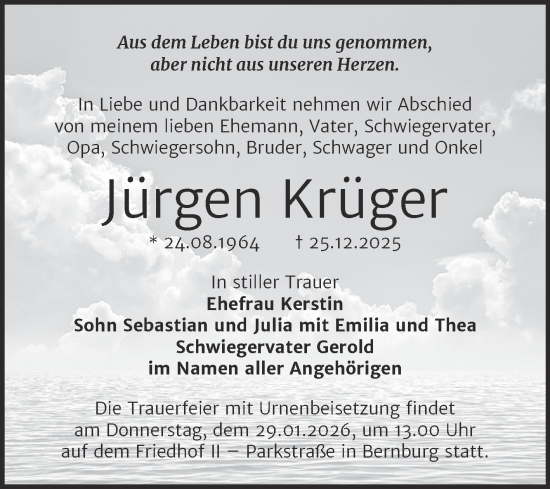 Traueranzeige von Jürgen Krüger von Trauerkombi Bernburg