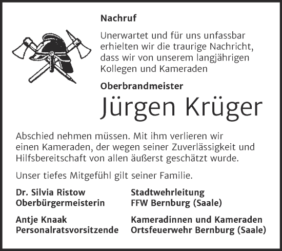 Traueranzeige von Jürgen Krüger von Super Sonntag Bernburg