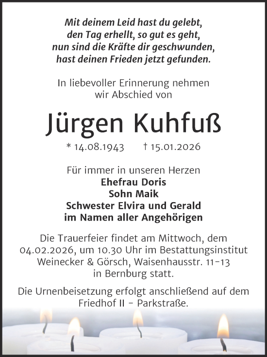 Traueranzeige von Jürgen Kuhfuß von Super Sonntag Bernburg