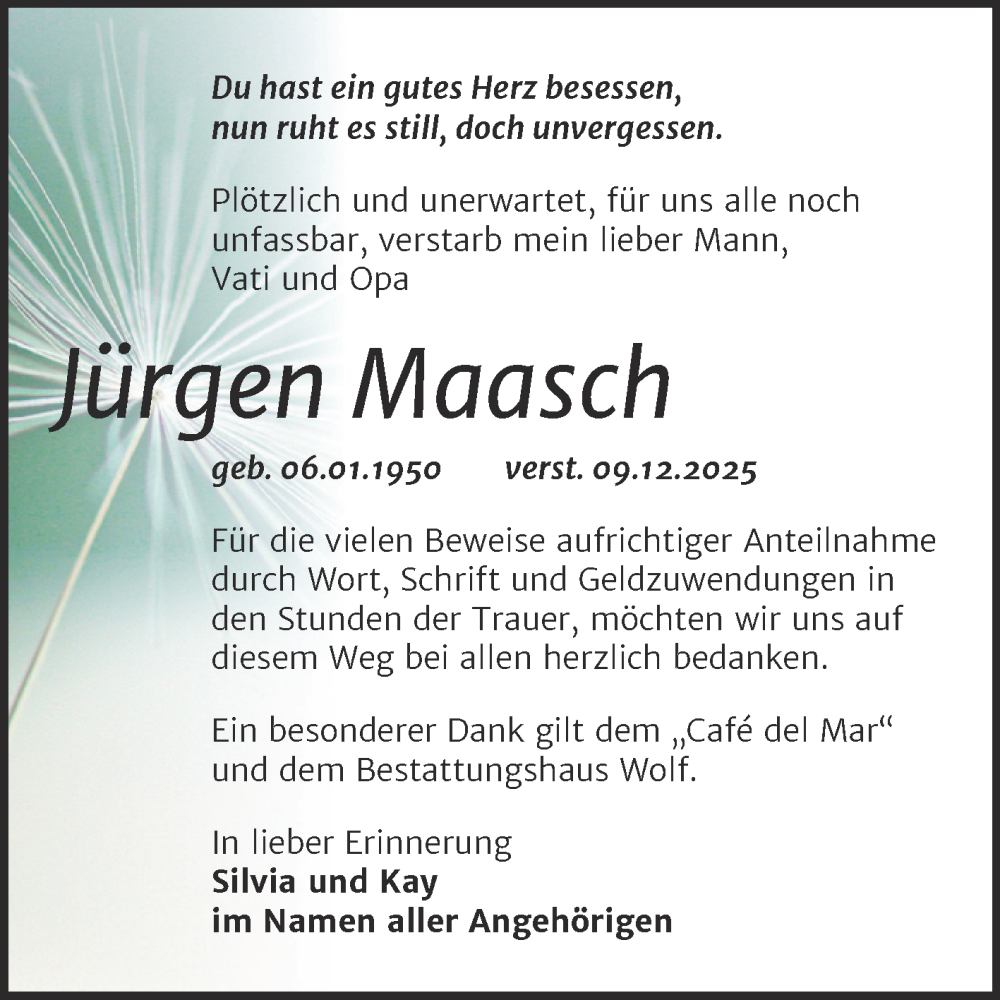  Traueranzeige für Jürgen Maasch vom 24.01.2026 aus Trauerkombi Weißenfels