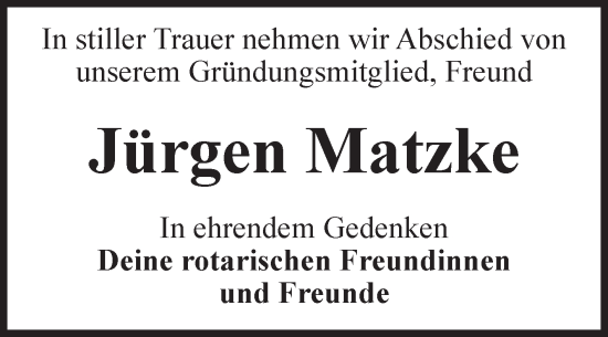 Traueranzeige von Jürgen Matzke von Volksstimme Altmark Ost