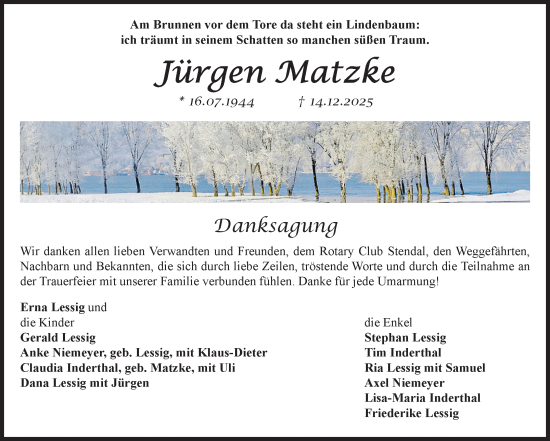 Traueranzeige von Jürgen Matzke von Volksstimme Altmark Ost