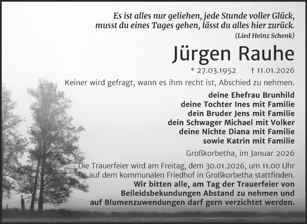  Traueranzeige für Jürgen Rauhe vom 24.01.2026 aus Trauerkombi Weißenfels