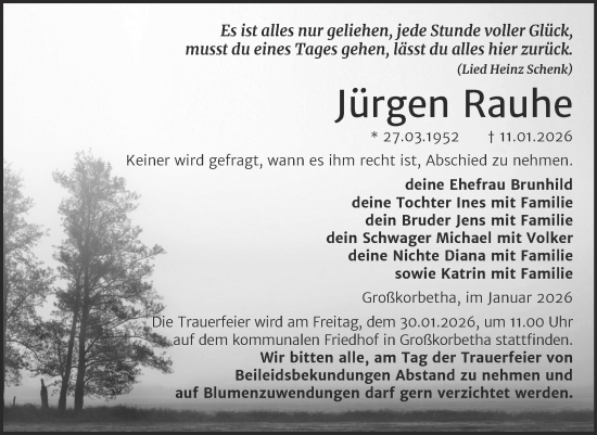 Traueranzeige von Jürgen Rauhe von Trauerkombi Weißenfels