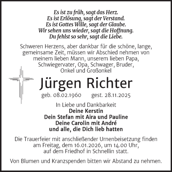 Traueranzeige von Jürgen Richter von Trauerkombi Wittenberg