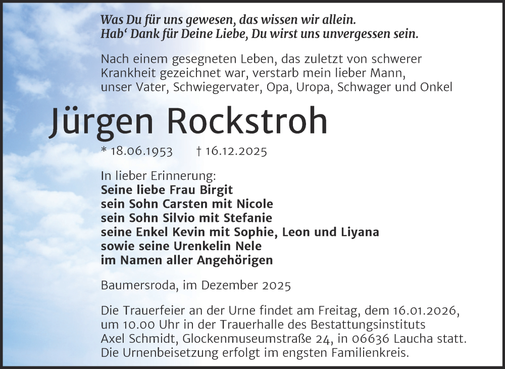  Traueranzeige für Jürgen Rockstroh vom 03.01.2026 aus Super Sonntag Naumburg/Nebra