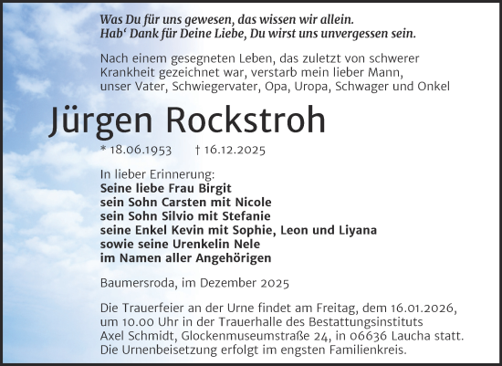Traueranzeige von Jürgen Rockstroh von Super Sonntag Naumburg/Nebra