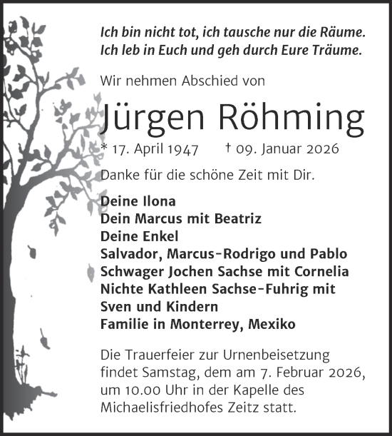 Traueranzeige von Jürgen Röhming von Trauerkombi Zeitz