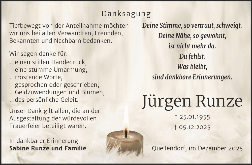  Traueranzeige für Jürgen Runze vom 10.01.2026 aus Trauerkombi Köthen