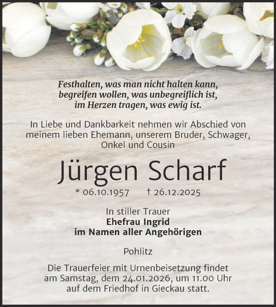  Traueranzeige für Jürgen Scharf vom 10.01.2026 aus Super Sonntag Naumburg/Nebra
