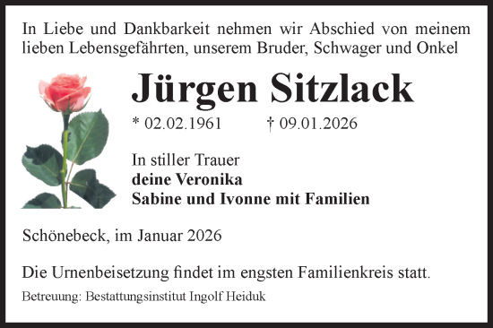 Traueranzeige von Jürgen Sitzlack von Volksstimme Schönebeck