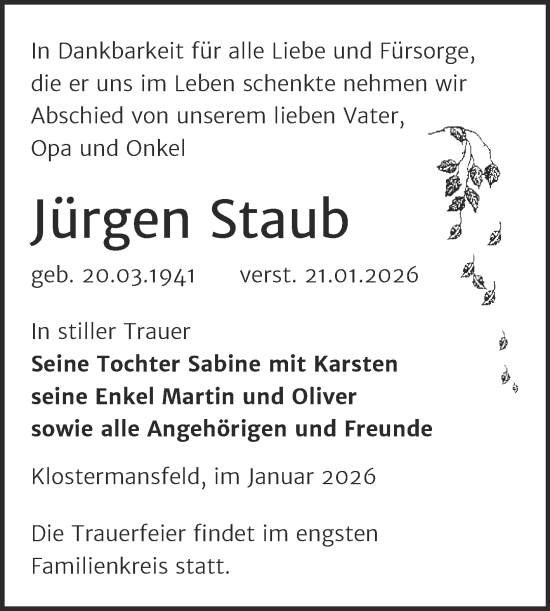 Traueranzeige von Jürgen Staub von Trauerkombi Mansfelder Land